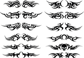 Tribal tattoo border set, armband tattoo design, abstract vector ornament, black ink tribal pattern, decorative body art and symbols