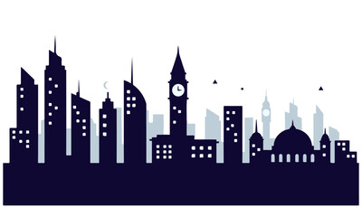 Minimalist Cityscape: A Modern Urban Landscape Vector Illustration with a Dark Blue Skyline and White Sky