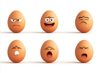3d rendering of six eggs showing different emotions, from joy to sadness, anger and fear