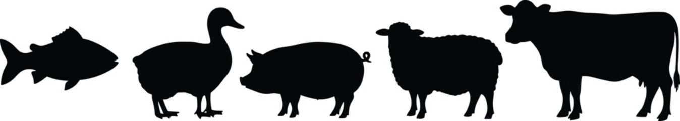 Farm animals silhouettes set, fish duck pig sheep cow, domestic livestock vector illustration, black animal outlines, farming graphic icons collection