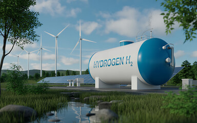 Modern industrial facility with large cylindrical tanks and wind turbines under a cloudy sky illustration