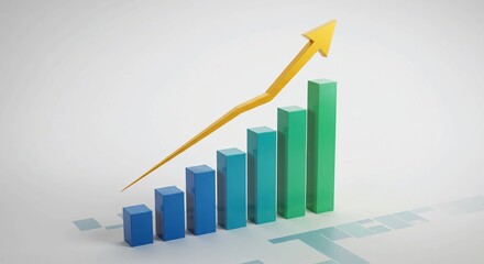 Ascending bar graph with upward trending arrow, depicting growth and progress.