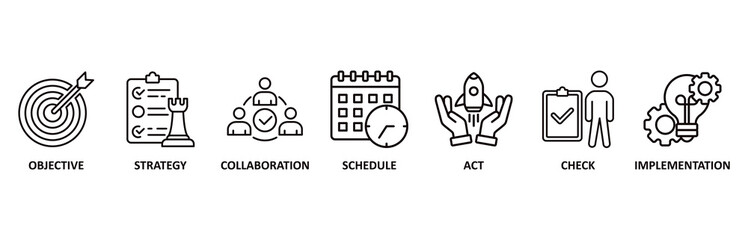 Action plan icon set vector illustration for objective, strategy, collaboration, schedule, act, launch, check, and implementation