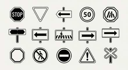 Set of various road signs featuring stop, yield, directional, speed limit, pedestrian crossing, no entry, and warning symbols, for traffic and road safety education