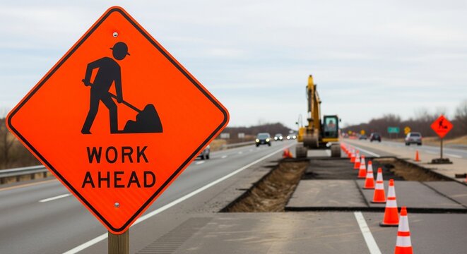 Close-up on a bright orange diamond work ahead warning sign with a pictogram, signaling upcoming road construction and repair on a busy highway with traffic cones and an excavator in the background