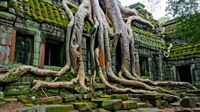Ancient stone structure overgrown with roots and moss