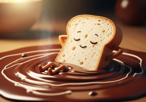 Toast blissfully relaxing in a pool of chocolate sauce, eyes closed