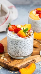 Healthy breakfast parfait with chia seeds, peaches, strawberries, and almonds