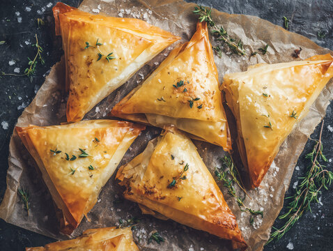 Delicious homemade triangular phyllo dough pastries with thyme and salt