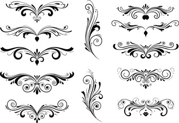 Elegant swirl floral divider ornament set with decorative calligraphy flourishes, vintage frame border, ornamental vector design illustration elements