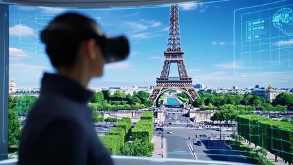 Person wearing VR headset views a digital Paris cityscape overlaid with data - Powered by Adobe