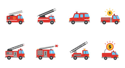 Collection of colorful cartoon fire trucks with varying details and features