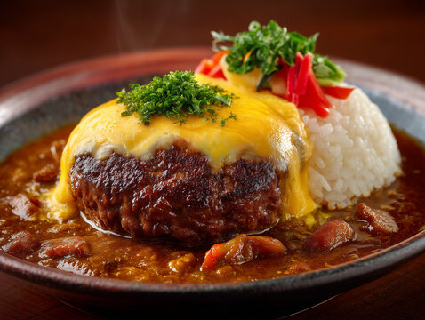 Delicious japanese hambagu steak on rice with curry sauce and melted cheese