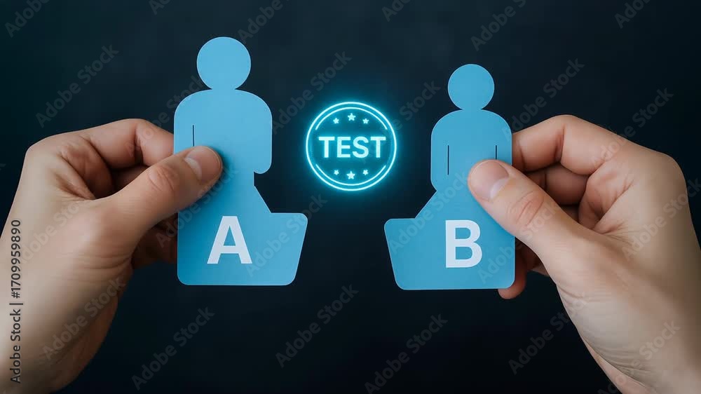 Poster b test and a/b testing concept with two paper cutout human figures held by hand and glowing test sym