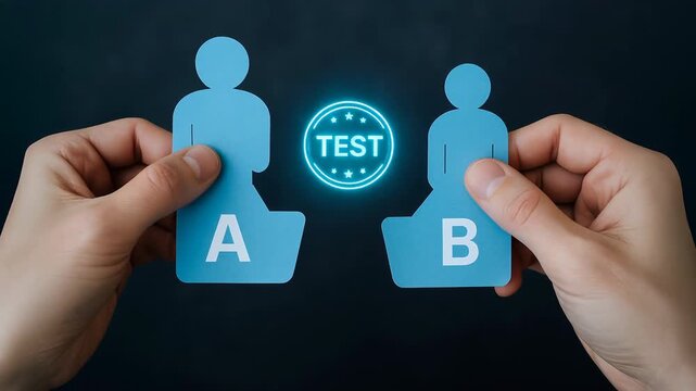 B test and A/B testing concept with two paper cutout human figures held by hand and glowing test symbol for sales pipeline lead scoring 2026 strategy