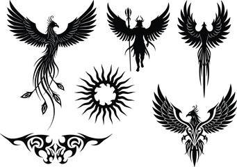 Phoenix tattoo vector set, tribal bird silhouette, mythical firebird design, winged warrior, sun symbol and abstract flame illustration