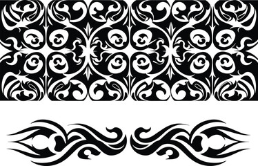 Tribal ornament vector set, black decorative tattoo design, abstract flourish pattern, symmetrical border and frame element illustration