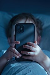 Close-up of unrecognisable little child lying in bed at night, holding mobile phone in front of his face. Gadget addiction and excessive late-night screen time. Smartphone overuse 