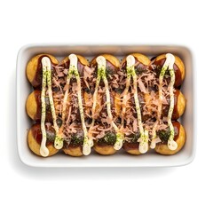 Takoyaki Octopus Balls in rectangular bowl on white background 