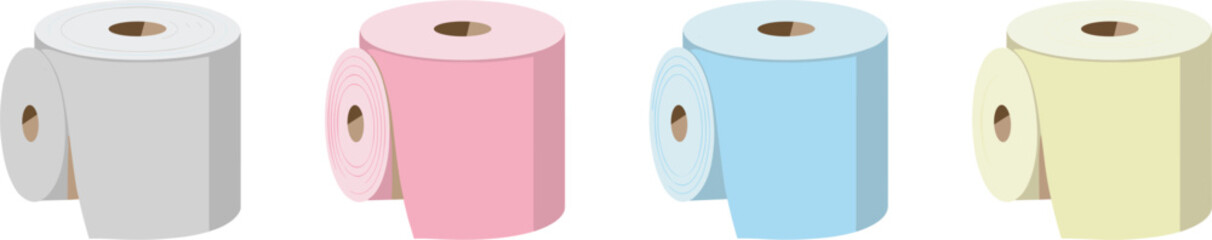 Four rolls of colored fabric or paper on a white background material textile