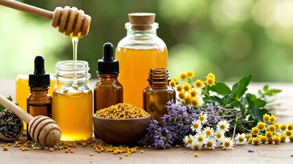 Natural honey products with bee pollen, propolis and medicinal herbs like lavender and chamomile. Still life with organic ingredients. Apitherapy, aromatherapy and alternative medicine