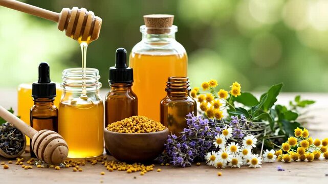 Natural honey products with bee pollen, propolis and medicinal herbs like lavender and chamomile. Still life with organic ingredients. Apitherapy, aromatherapy and alternative medicine
