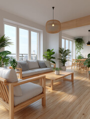 Fototapeta premium Modern living room interior with wooden furniture and city view