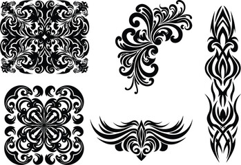 Ornamental floral tribal vector set, decorative tattoo design, baroque pattern, swirl element, vintage flourish, abstract black illustration