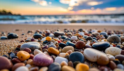 Colorful stones on sandy beach at sunset
