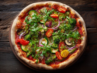 Delicious vegetarian pizza with vegetables resting on rustic wooden table