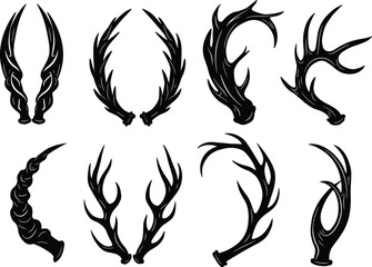 Antler and horn tattoo vector collection, black tribal antlers, gothic fantasy horn art, abstract tattoo ornaments, decorative vector illustration