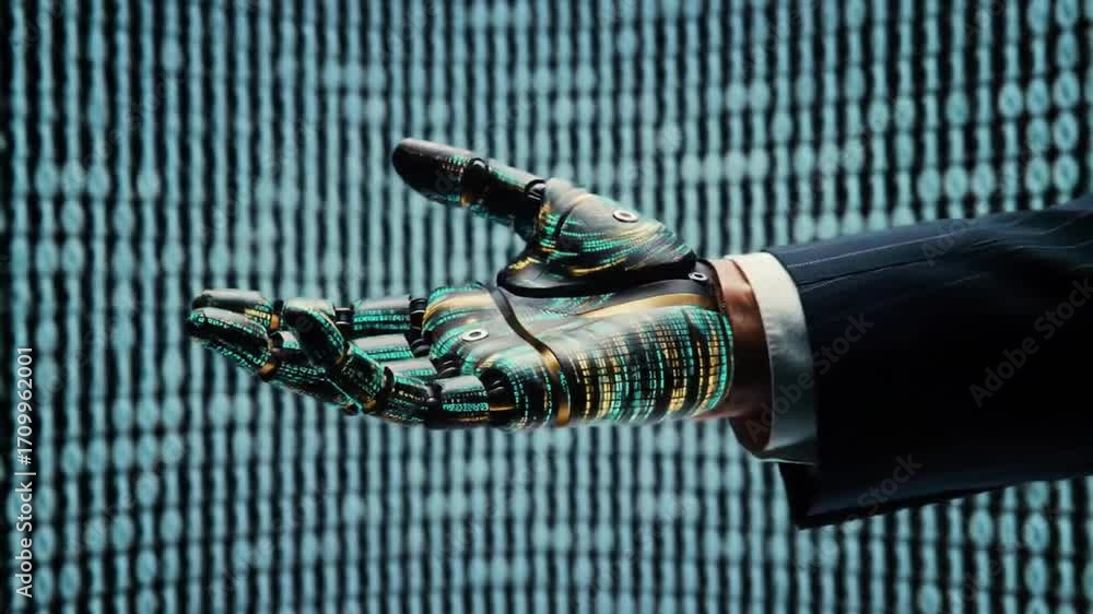 Aufkleber bionic hand with binary code overlayed against a digital background