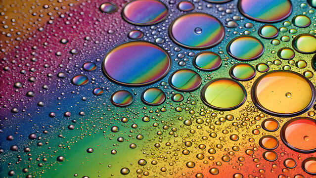 Abstract rainbow oil and water droplets macro image