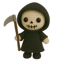 A cute collection of Halloween crochet clipart featuring amigurumi-style plush designs such as pumpkins, ghosts, bats, skeletons, witches, and candy. Each element is hand-crafted.