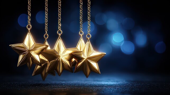 Golden star pendants hang gracefully in front of a blurred blue background, creating a festive and elegant atmosphere, Ideal for use in holiday marketing, awards promotions