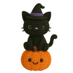 A cute collection of Halloween crochet clipart featuring amigurumi-style plush designs such as pumpkins, ghosts, bats, skeletons, witches, and candy. Each element is hand-crafted.