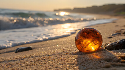 Amber sphere on sandy beach at sunset with ocean waves