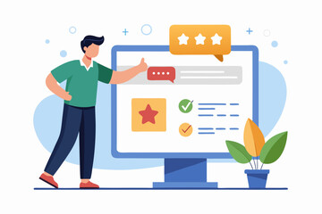 Flat Illustration of Customer Feedback with Chatbot and Star Rating