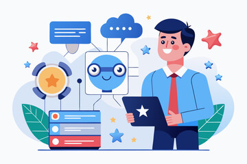 Flat Illustration of Customer Feedback with Chatbot and Star Rating