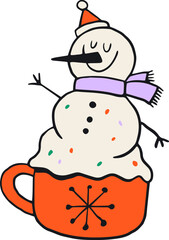 Snowman cartoon character in a festive Christmas cup