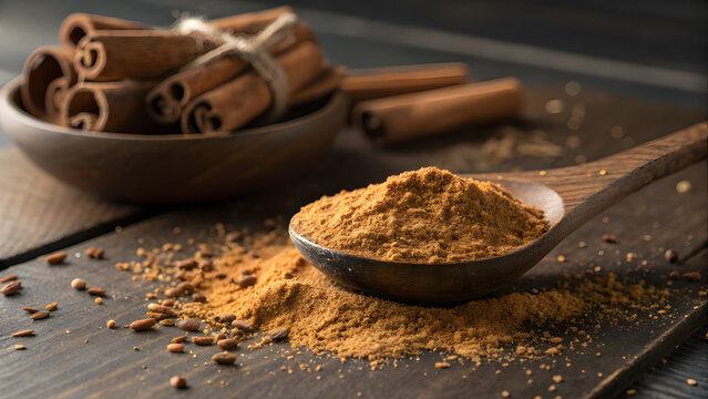 Cinnamon Sticks and Powder in Wooden Bowl and Spoon