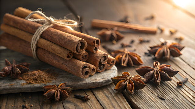 Cinnamon sticks and star anise on a rustic wooden surface