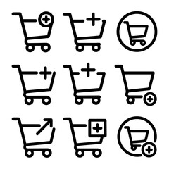 Collection of Shopping Cart Icons with Plus Signs and Arrows Black Outlines.
