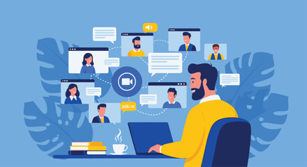 Diverse team collaborates remotely online via video conference screens and laptops