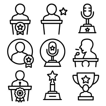 Collection of Simple Black and White Icons Representing Awards and Recognition.