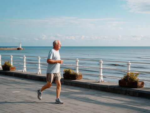 Senior man jogging by the sea enjoying healthy lifestyle