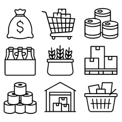 Collection of Simple Black and White Icons Representing Various Consumer Goods.