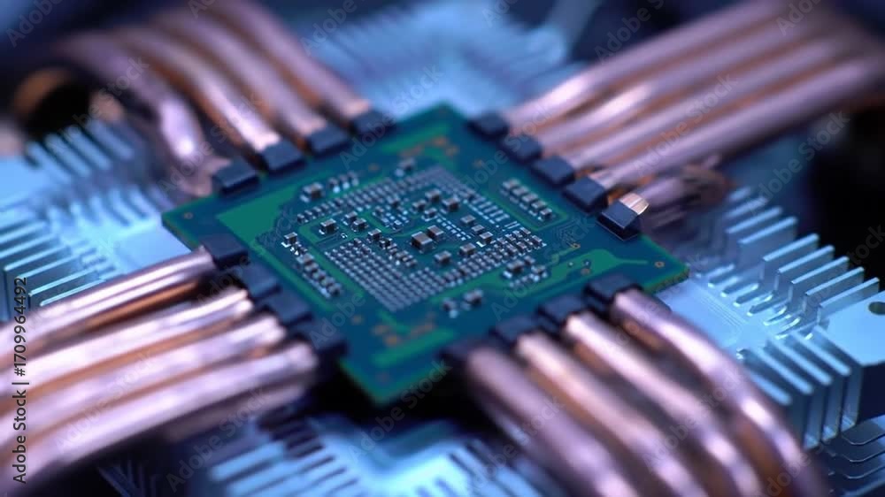 Poster complex computer processor with copper heat pipes close up view