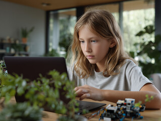 Fototapeta premium Focused girl programming robot using laptop at home