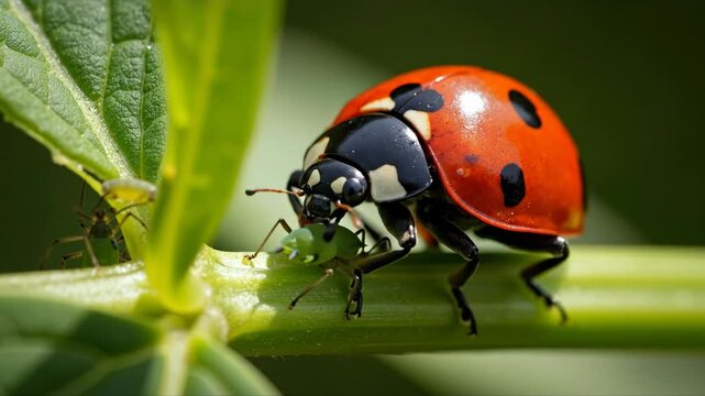 Ladybug eating aphid on green stem. macro close-up of insect predator. natural pest control and biological control concept. gardening and agriculture banner